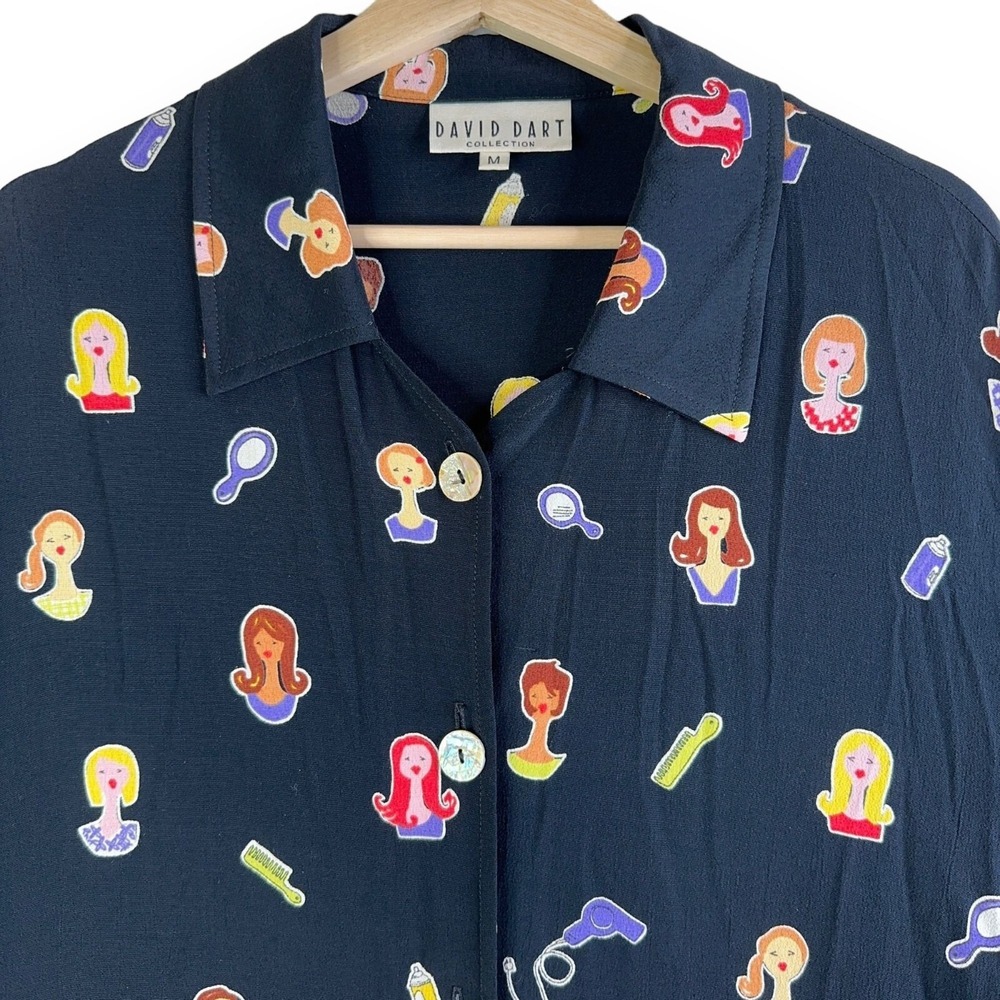 Vintage David Dart Womens Blouse Medium Pop Art Lady Hair Salon Made‎ in USA